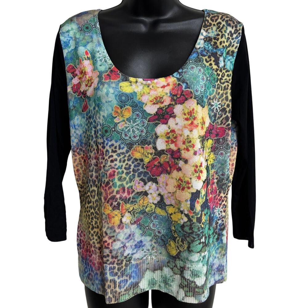 Alberto Makali Womens Large Floral Animal Knit Top Black Mesh Sleeve 3/4 Sleeve